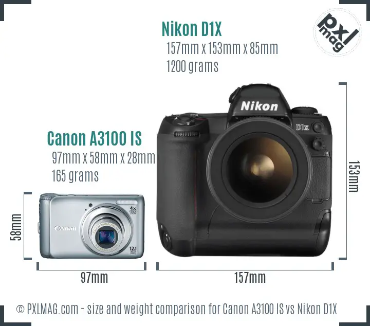 Canon A3100 IS vs Nikon D1X size comparison