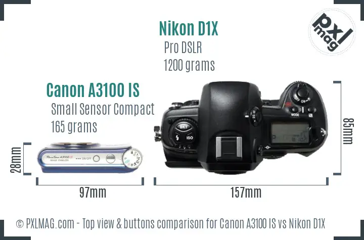 Canon A3100 IS vs Nikon D1X top view buttons comparison