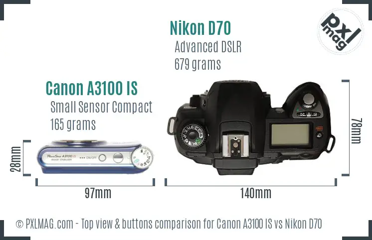 Canon A3100 IS vs Nikon D70 top view buttons comparison
