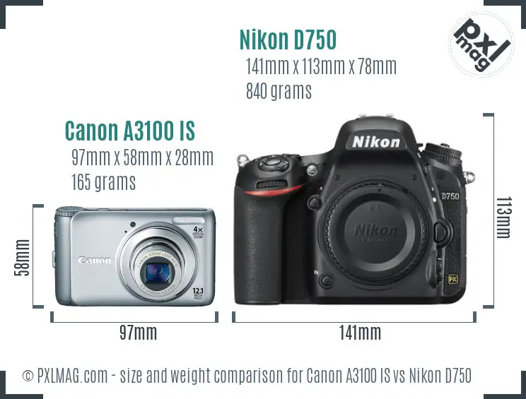 Canon A3100 IS vs Nikon D750 size comparison