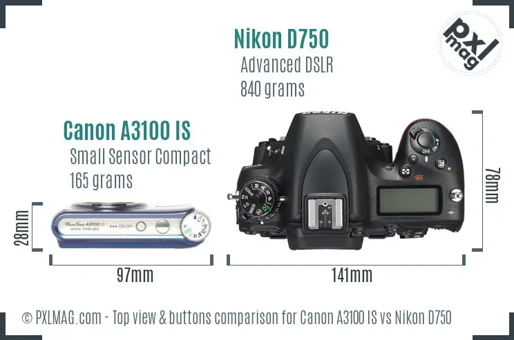 Canon A3100 IS vs Nikon D750 top view buttons comparison