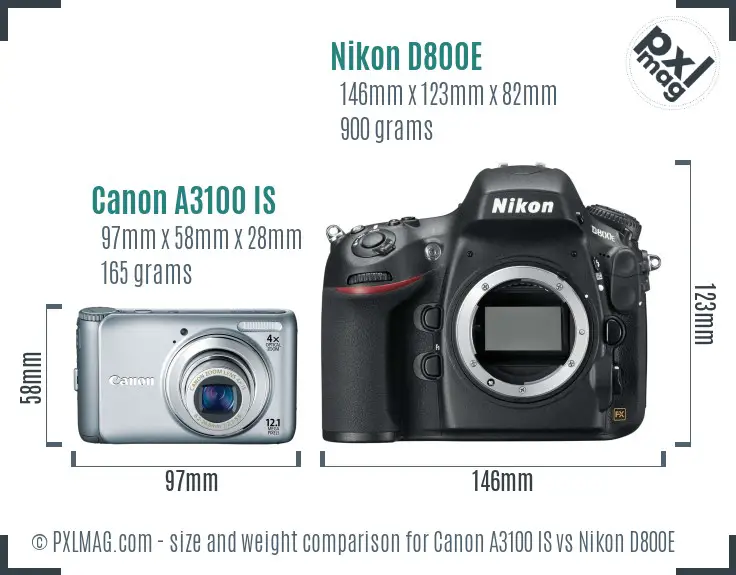 Canon A3100 IS vs Nikon D800E size comparison