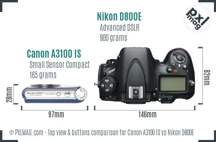 Canon A3100 IS vs Nikon D800E top view buttons comparison