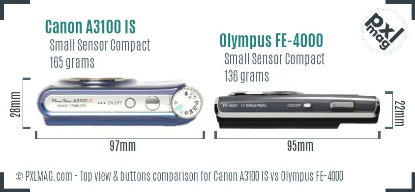 Canon A3100 IS vs Olympus FE-4000 top view buttons comparison