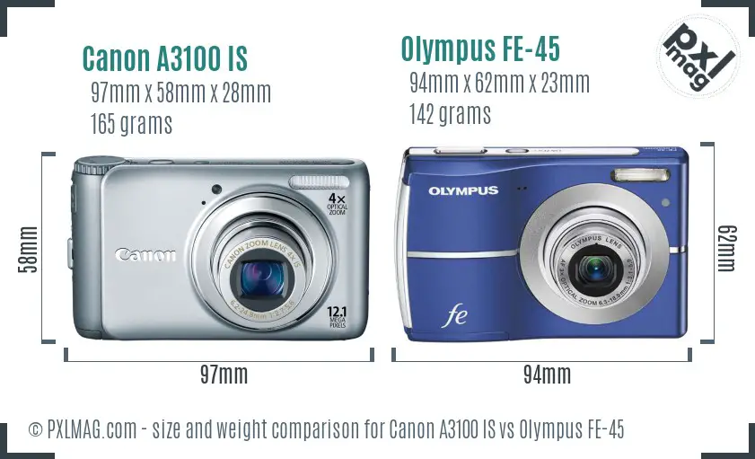 Canon A3100 IS vs Olympus FE-45 size comparison