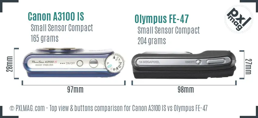 Canon A3100 IS vs Olympus FE-47 top view buttons comparison
