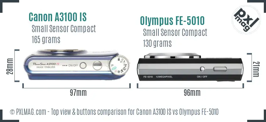 Canon A3100 IS vs Olympus FE-5010 top view buttons comparison