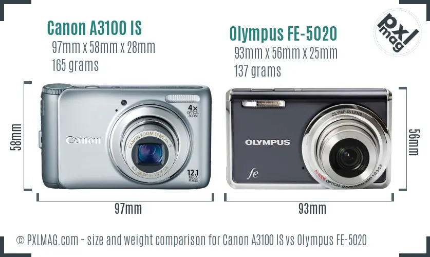 Canon A3100 IS vs Olympus FE-5020 size comparison Canon A3100 IS vs Olympus FE-5020 size comparison