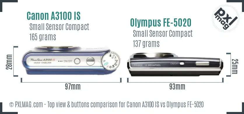 Canon A3100 IS vs Olympus FE-5020 top view buttons comparison Canon A3100 IS vs Olympus FE-5020 top view buttons comparison