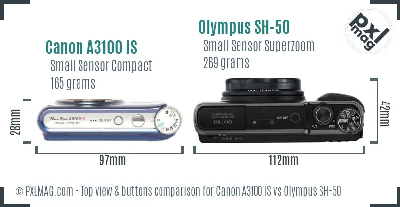Canon A3100 IS vs Olympus SH-50 top view buttons comparison Canon A3100 IS vs Olympus SH-50 top view buttons comparison