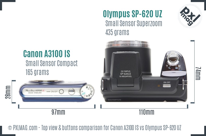 Canon A3100 IS vs Olympus SP-620 UZ top view buttons comparison