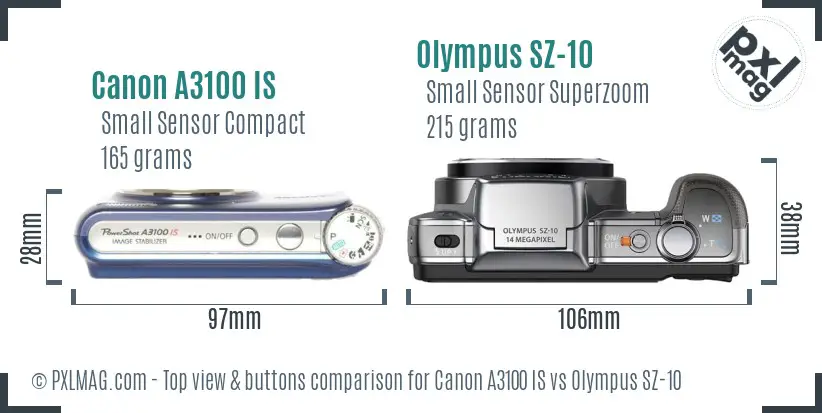 Canon A3100 IS vs Olympus SZ-10 top view buttons comparison