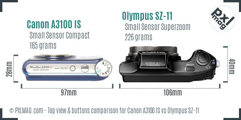 Canon A3100 IS vs Olympus SZ-11 top view buttons comparison