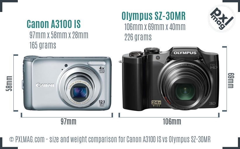Canon A3100 IS vs Olympus SZ-30MR size comparison