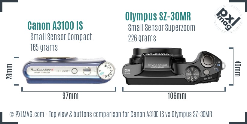 Canon A3100 IS vs Olympus SZ-30MR top view buttons comparison
