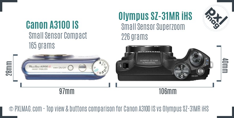 Canon A3100 IS vs Olympus SZ-31MR iHS top view buttons comparison
