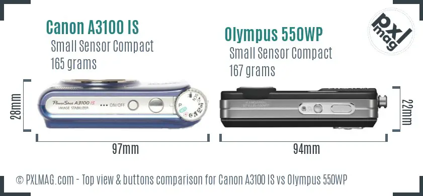 Canon A3100 IS vs Olympus 550WP top view buttons comparison