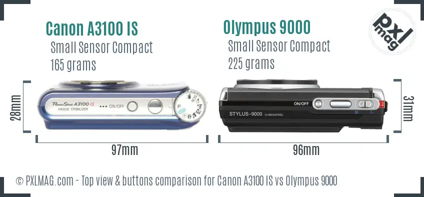 Canon A3100 IS vs Olympus 9000 top view buttons comparison