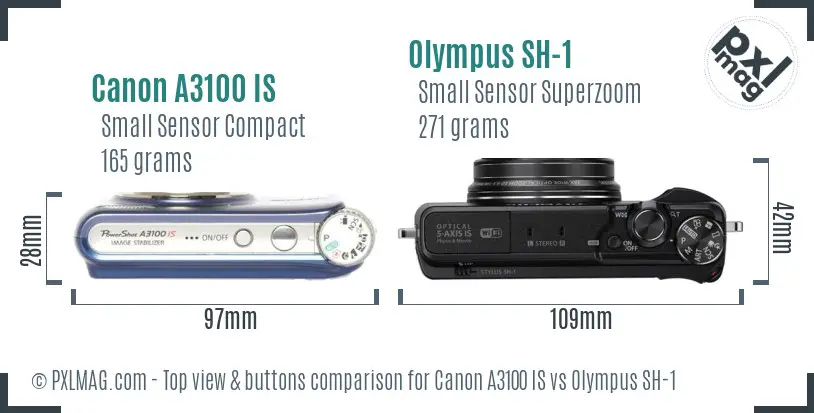 Canon A3100 IS vs Olympus SH-1 top view buttons comparison