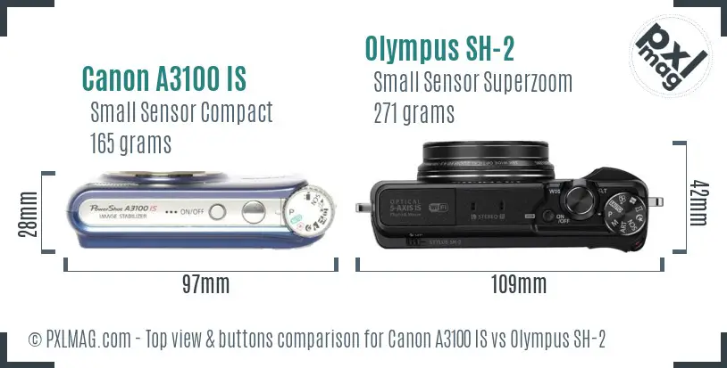 Canon A3100 IS vs Olympus SH-2 top view buttons comparison