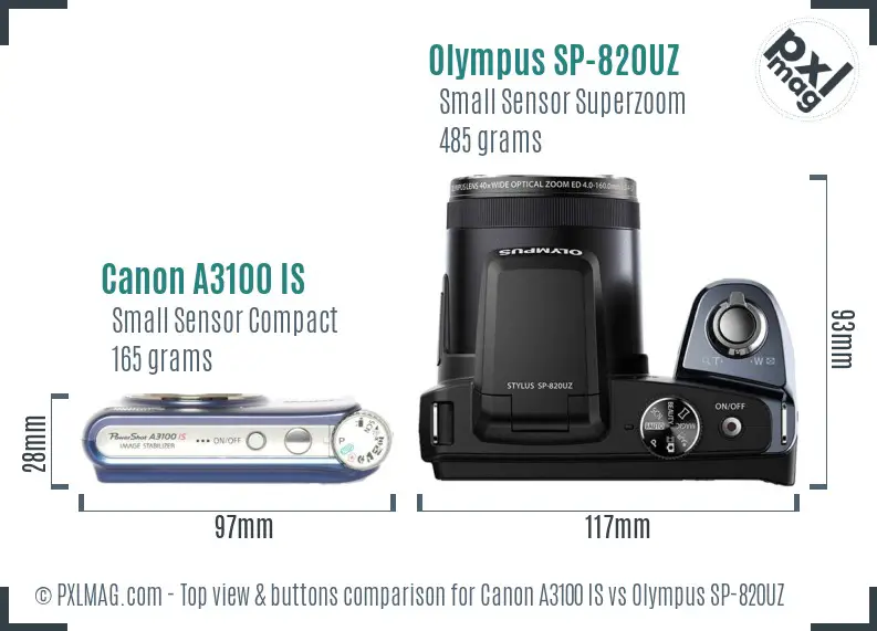 Canon A3100 IS vs Olympus SP-820UZ top view buttons comparison