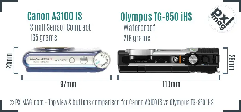 Canon A3100 IS vs Olympus TG-850 iHS top view buttons comparison