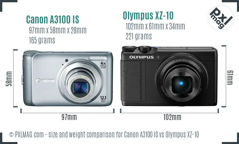 Canon A3100 IS vs Olympus XZ-10 size comparison Canon A3100 IS vs Olympus XZ-10 size comparison
