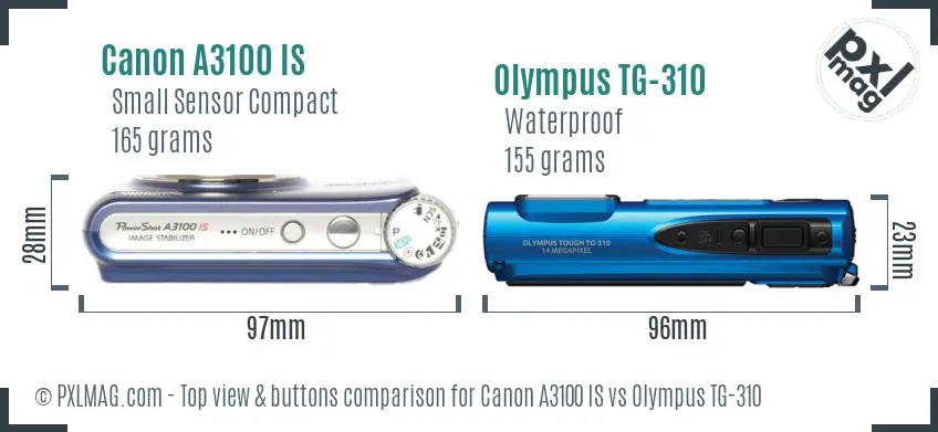 Canon A3100 IS vs Olympus TG-310 top view buttons comparison