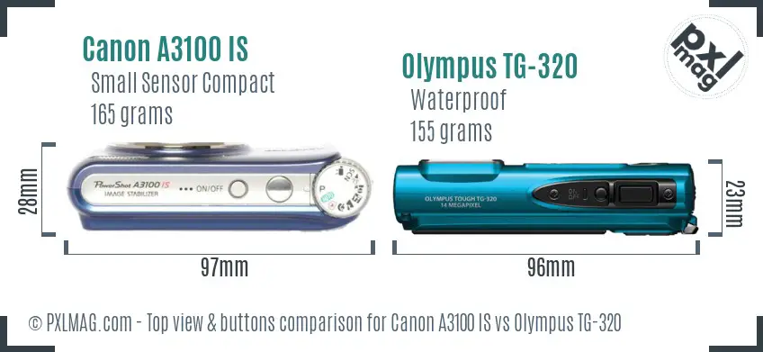 Canon A3100 IS vs Olympus TG-320 top view buttons comparison