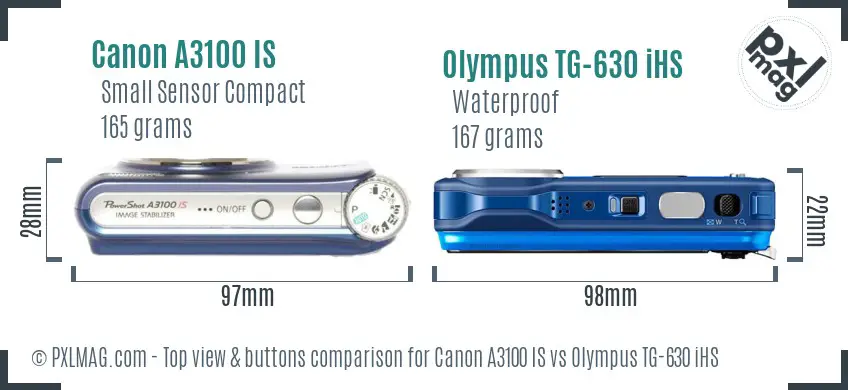 Canon A3100 IS vs Olympus TG-630 iHS top view buttons comparison