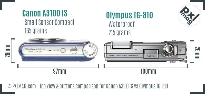 Canon A3100 IS vs Olympus TG-810 top view buttons comparison Canon A3100 IS vs Olympus TG-810 top view buttons comparison