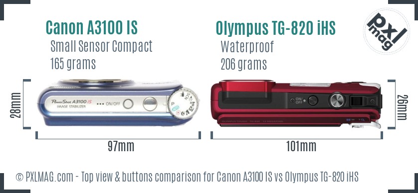 Canon A3100 IS vs Olympus TG-820 iHS top view buttons comparison