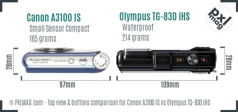 Canon A3100 IS vs Olympus TG-830 iHS top view buttons comparison