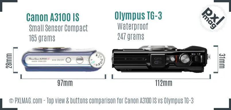 Canon A3100 IS vs Olympus TG-3 top view buttons comparison