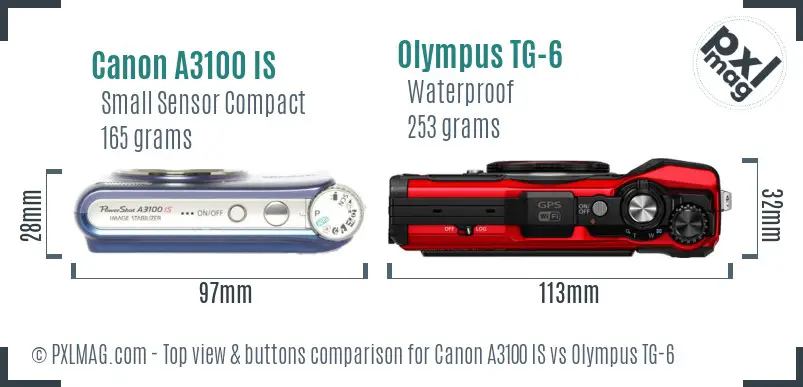 Canon A3100 IS vs Olympus TG-6 top view buttons comparison