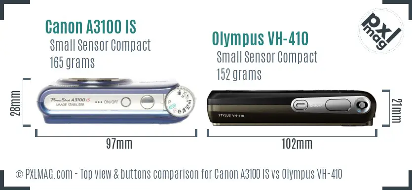 Canon A3100 IS vs Olympus VH-410 top view buttons comparison Canon A3100 IS vs Olympus VH-410 top view buttons comparison