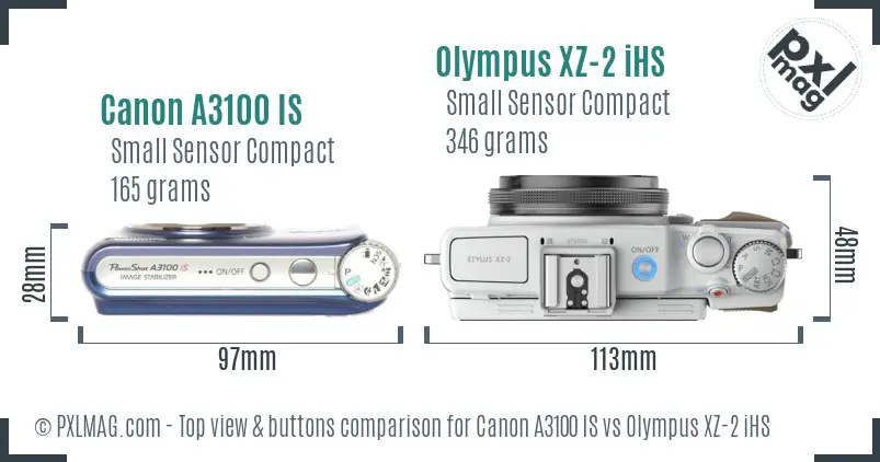 Canon A3100 IS vs Olympus XZ-2 iHS top view buttons comparison