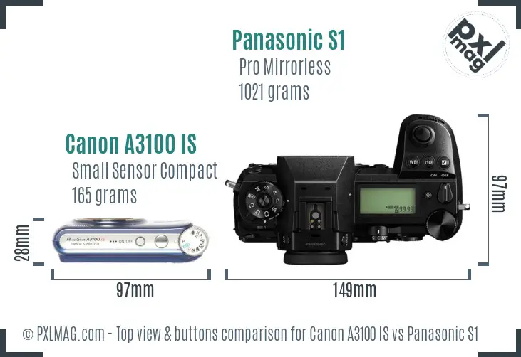 Canon A3100 IS vs Panasonic S1 top view buttons comparison
