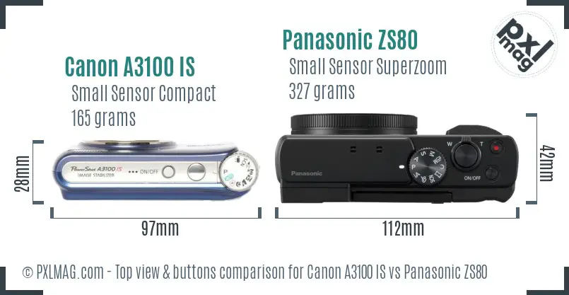 Canon A3100 IS vs Panasonic ZS80 top view buttons comparison