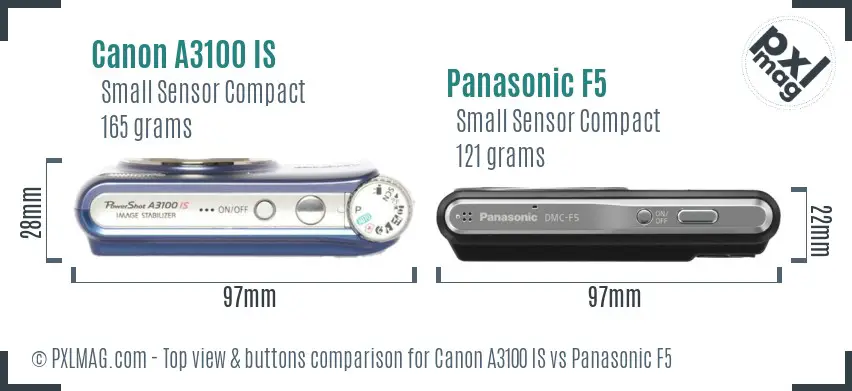 Canon A3100 IS vs Panasonic F5 top view buttons comparison