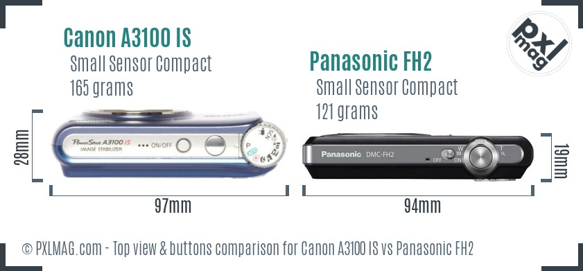 Canon A3100 IS vs Panasonic FH2 top view buttons comparison