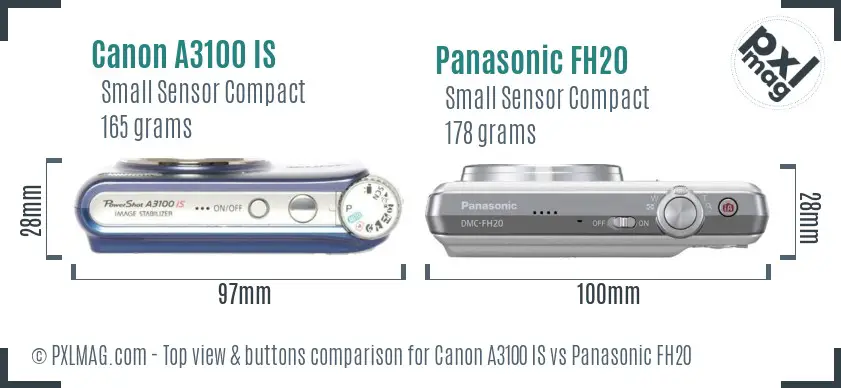 Canon A3100 IS vs Panasonic FH20 top view buttons comparison Canon A3100 IS vs Panasonic FH20 top view buttons comparison