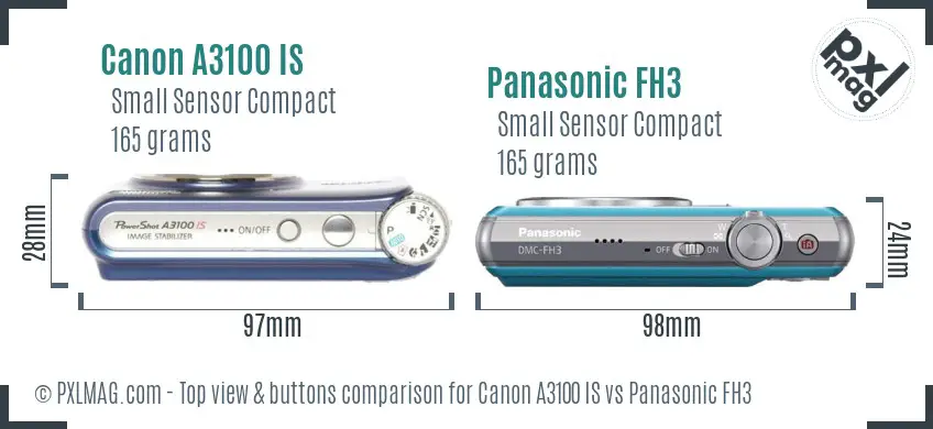 Canon A3100 IS vs Panasonic FH3 top view buttons comparison Canon A3100 IS vs Panasonic FH3 top view buttons comparison