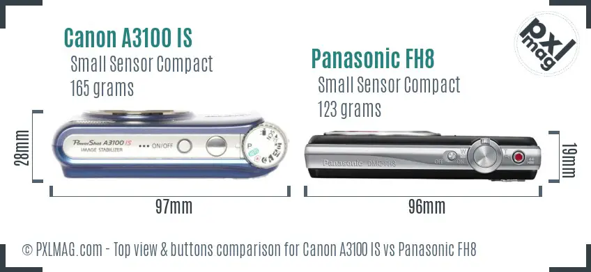Canon A3100 IS vs Panasonic FH8 top view buttons comparison