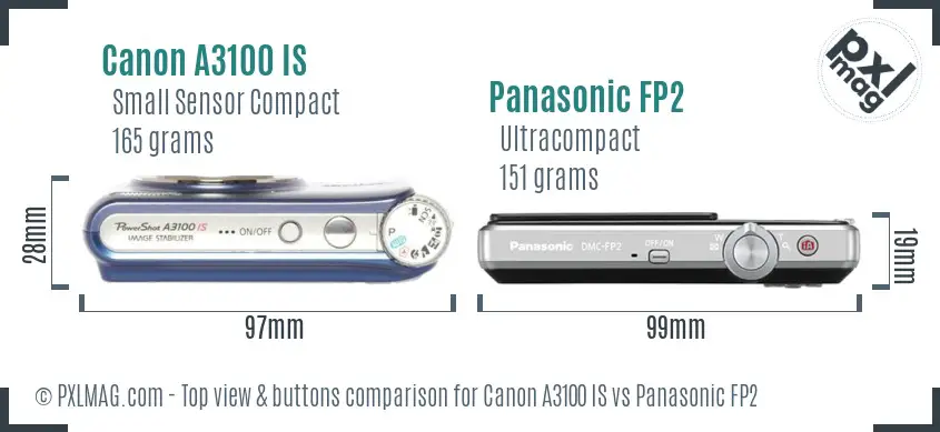 Canon A3100 IS vs Panasonic FP2 top view buttons comparison