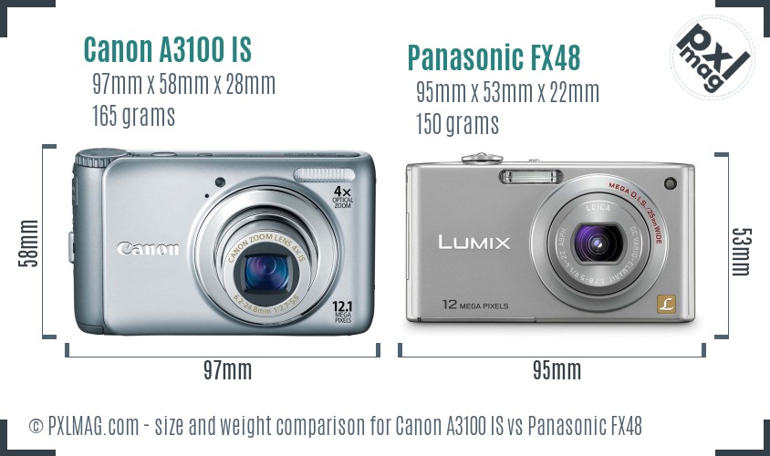Canon A3100 IS vs Panasonic FX48 size comparison
