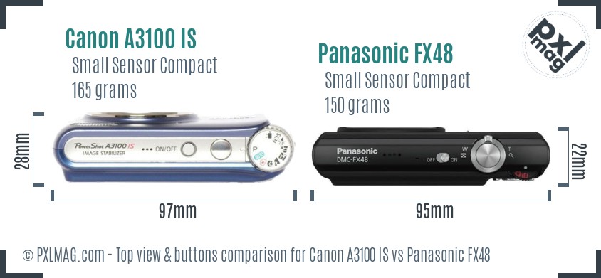 Canon A3100 IS vs Panasonic FX48 top view buttons comparison