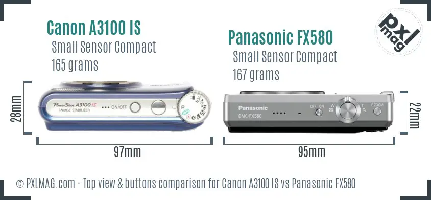 Canon A3100 IS vs Panasonic FX580 top view buttons comparison Canon A3100 IS vs Panasonic FX580 top view buttons comparison