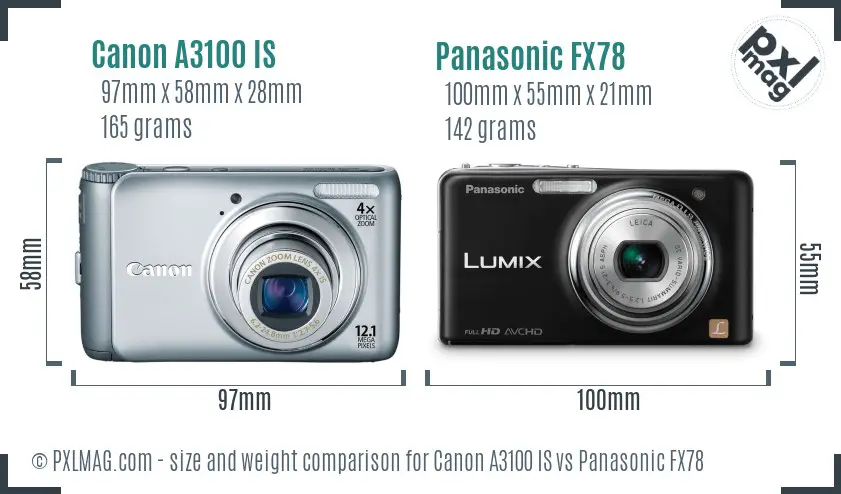Canon A3100 IS vs Panasonic FX78 size comparison