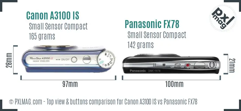 Canon A3100 IS vs Panasonic FX78 top view buttons comparison
